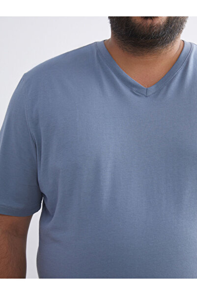 LC Waikiki Indigo Large Size V-Neck Combed Cotton Men's T-Shirt