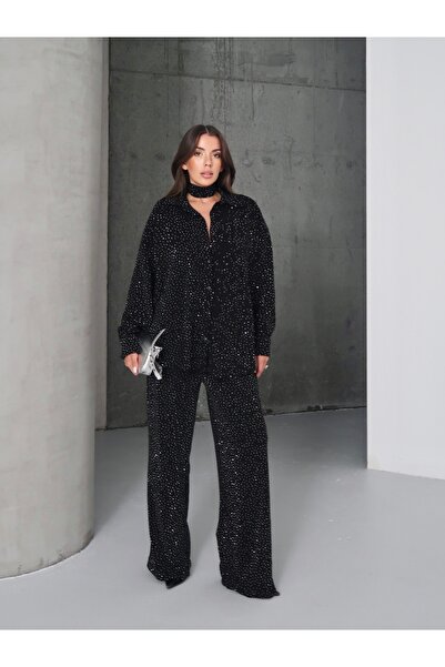 AÈC PRIVÈ Women's Premium Quality Luxury Shawl Detailed Stylish Stone Embroidered Shirt Pants Double Suit 777