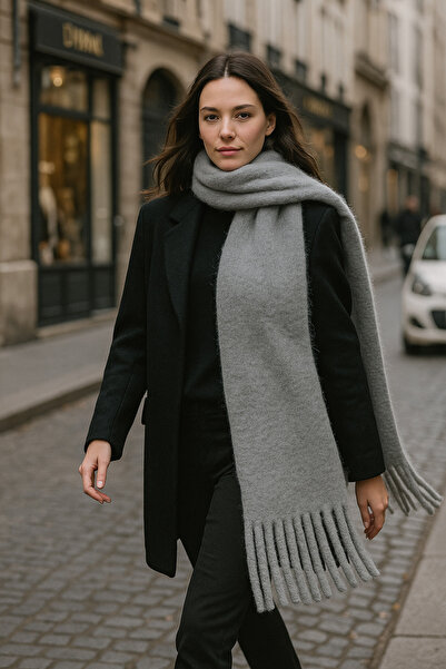 Luminos Butik Women's Anthracite Tasseled Imported Scarf-Shawl Sal1295