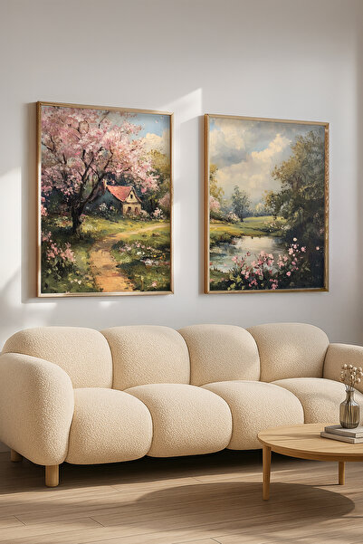 STARYUNA Wooden Framed Oil Painting Effect Double Painting Set with Tree and Lake View Yuna428