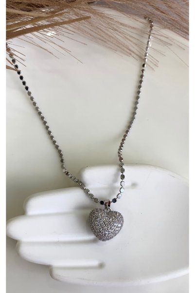 JustGAF Silver Color Heart Figured Sequin Chain Steel Necklace
