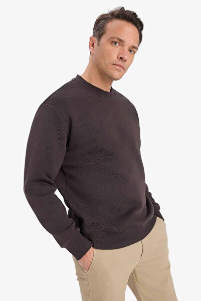 DeFacto Relax Fit Crew Neck Thick Inside Soft Fleece Dark Brown Men's Sweatshirt T5139Az/Bn339