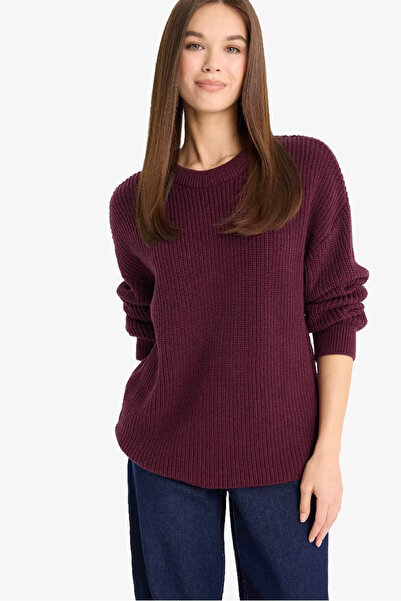 DeFacto Regular Fit Thessaloniki Fabric Basic Plain Knitwear Burgundy Women's Sweater H6905Az/Br455