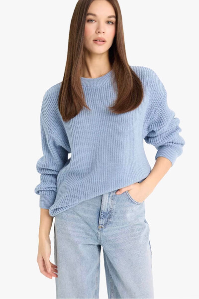 DeFacto Regular Fit Thessaloniki Fabric Basic Plain Knitwear Blue Women's Swe...