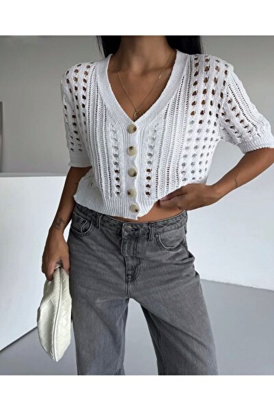 EKİN DEMİR Openwork Pattern Short Sleeve Buttoned 100% Cotton Crop Knitwear Cardigan