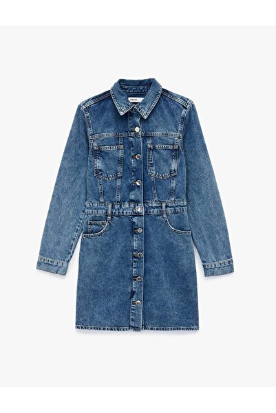 Koton Rochie mini din denim cu mâneci lungi, cu guler clasic, cu nasturi, cu ...