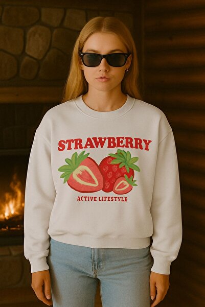 E-ROMA Hanorac unisex cu 3 fire din bumbac pieptănat cu imprimeu de căpșuni