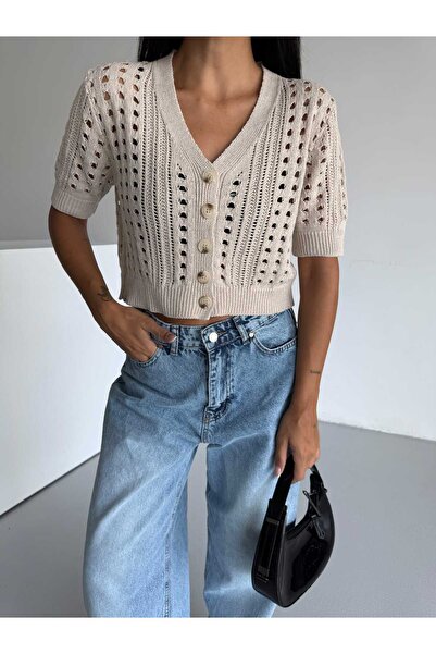 EKİN DEMİR Openwork Pattern Short Sleeve Buttoned 100% Cotton Crop Knitwear Cardigan