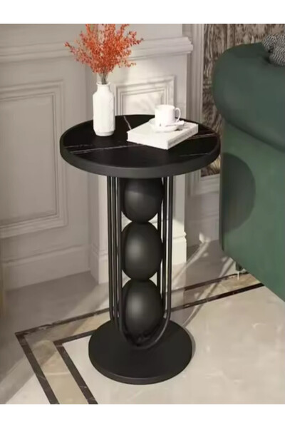 Generic Marble wood and black metal side table - 50 x 60 cm