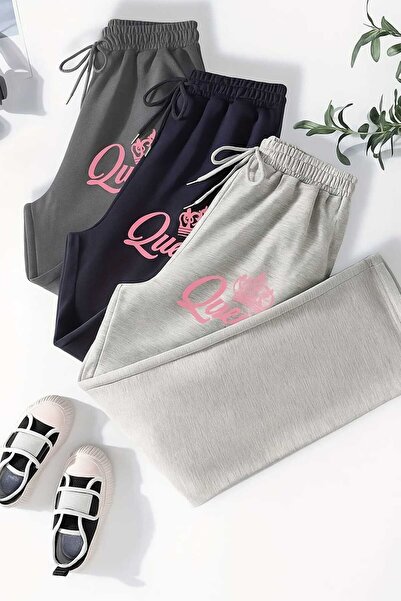 Le Vion بنطلون رياضي فضفاض مطبوع بتصميم بسيط مكون من 3 قطع - ساق واسعة وخصر م...