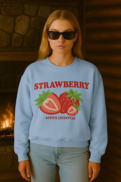 E-ROMA Hanorac unisex cu 3 fire din bumbac pieptănat cu imprimeu de căpșuni