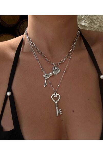 pop up store Gümüş Renk Charm Üçlü Zincir Kolye Set