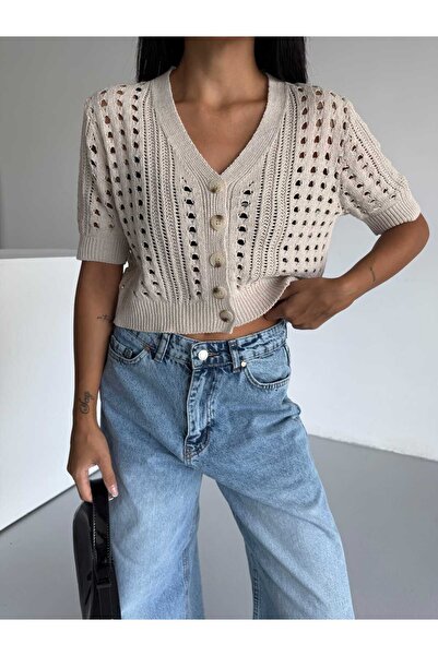 EKİN DEMİR Openwork Pattern Short Sleeve Buttoned 100% Cotton Crop Knitwear Cardigan