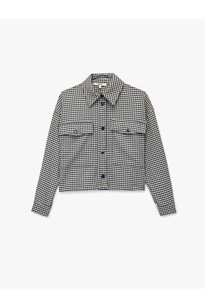 Koton Long Sleeve Oversized Shirt Jacket with Pockets and Houndstooth Pattern