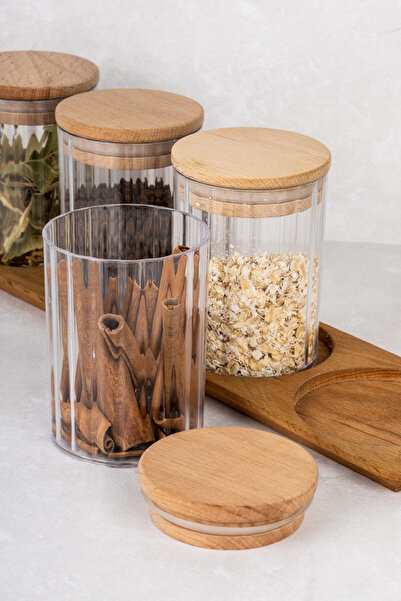 DNS HOME 4-Piece Storage Container Set with Wooden Stand Set Wooden Vacuum Lid Storage Container 450 ml