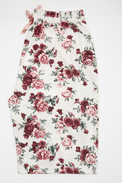 Made By me White Floral Patterned Quality Plus Size Women's High Waist Summer Pajama Bottoms Long