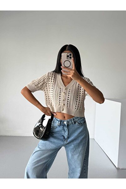 EKİN DEMİR Openwork Pattern Short Sleeve Buttoned 100% Cotton Crop Knitwear Cardigan