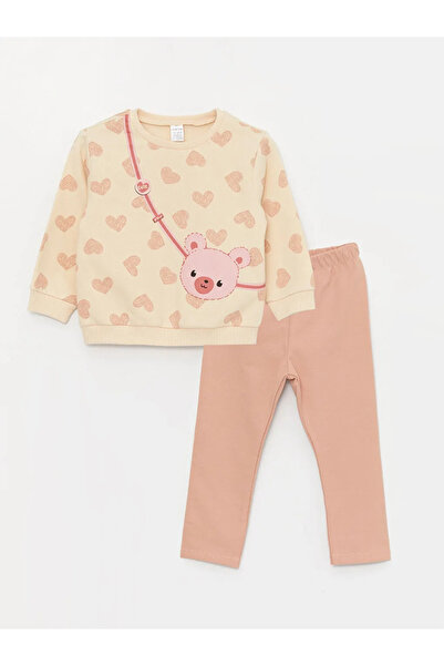 LC Waikiki Lcw Babyekru Crew Neck Long Sleeve Printed Baby Girl Sweatshirt and Leggings 2-Piece Set