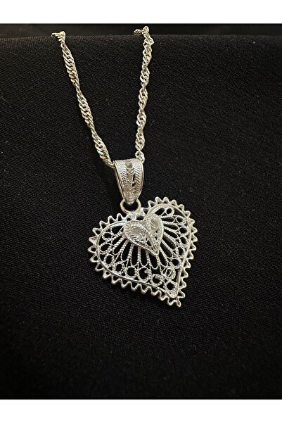 bigakan 925 Ayar Gümüş Telkari Kalp Kolye – Singapur Zincir 45-50-55-60 cm, E...