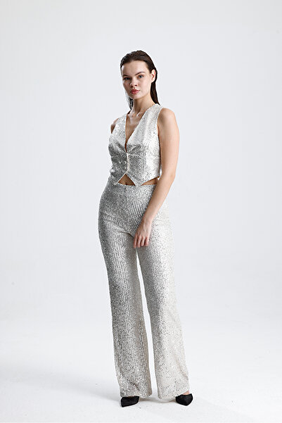 Sense Women's Sequined Vest Evening Dress Set - Stylish Blazer Jacket, Vest and Pants Beige