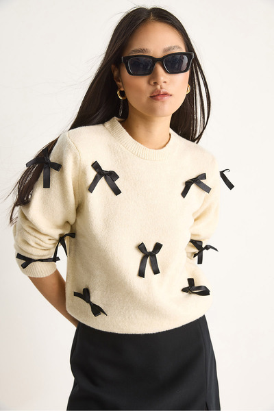 Bianco Lucci Pulover de tricotat obișnuit cu fundă pentru femei 20246871