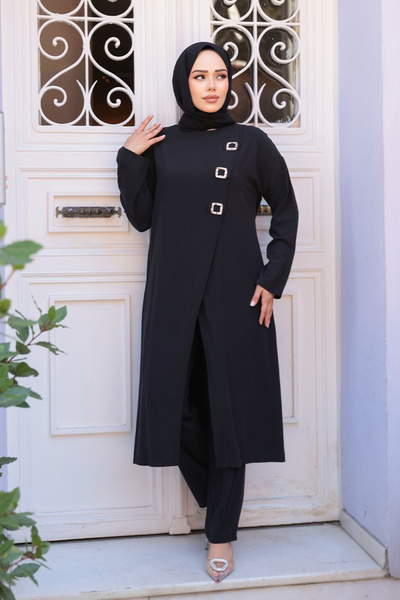 N.S NEVA STYLE Buckle Detailed Black Hijab Double Set 7675S