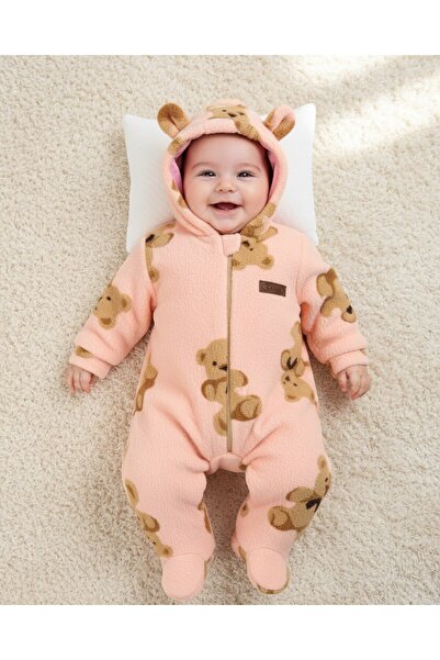 voyyo kids baby 6-9 Months Old Teddy Bears Printed Zippered Winter Welsoft Plush Hooded Jumpsuit, Closed Feet