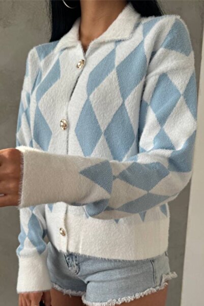 Ded COLLECTION Women's Colorful Diamond Patterned White Knit Cardigan with Gold Pearl Detail and Buttons