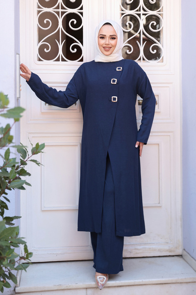 N.S NEVA STYLE Buckle Detailed Navy Blue Hijab Double Set 7675L
