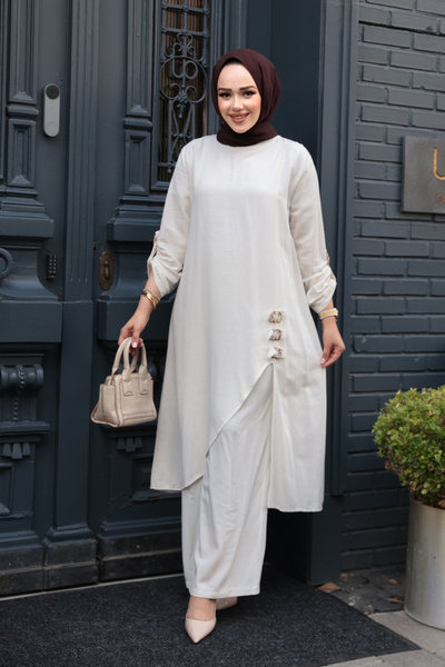 N.S NEVA STYLE Ασύμμετρο Λεπτομερές Εκρού Τζιλιντζάρι Σετ Δύο Τεμαχίων 7656E