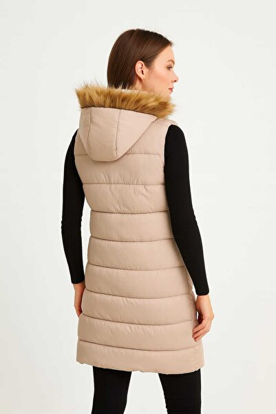 MODA Hooded Fur Women's Puffer Vest,Hooded Take Off Fur Puffer Vest.Women's Puffer Vest