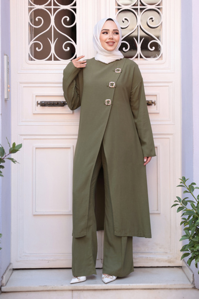 N.S NEVA STYLE Buckle Detailed Khaki Hijab Double Set 7675Hk