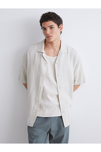LC Waikiki Nevavm Resort Collar Short Sleeve Muslin Men's Shirt with a Differ...