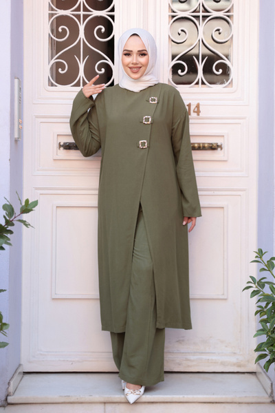 N.S NEVA STYLE Buckle Detailed Khaki Hijab Double Set 7675Hk