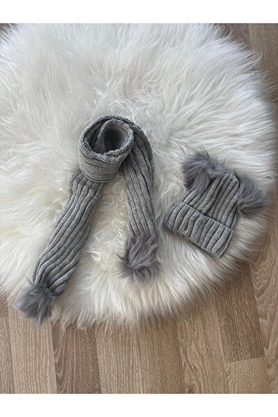 Amur Children's Double Pompom Scarf Beanie Set Knitwear Scarf Beanie Set