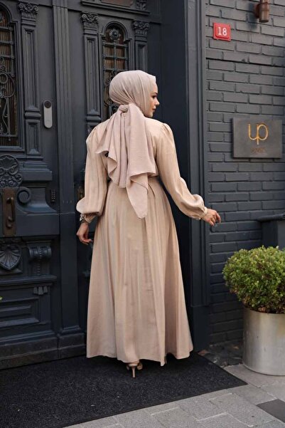 N.S NEVA STYLE Buttoned Dark Beige Hijab Dress 19044Kbej