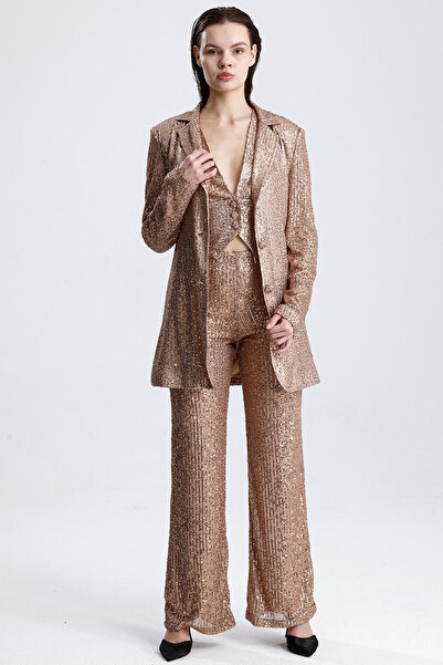 Sense Женски вечерен комплект с украсена жилетка - елегантно сако, жилетка и панталони в кремаво