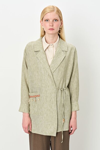 Nihan Yandan Bağlamalı Anvelop Keten Görünümlü Ceket Haki