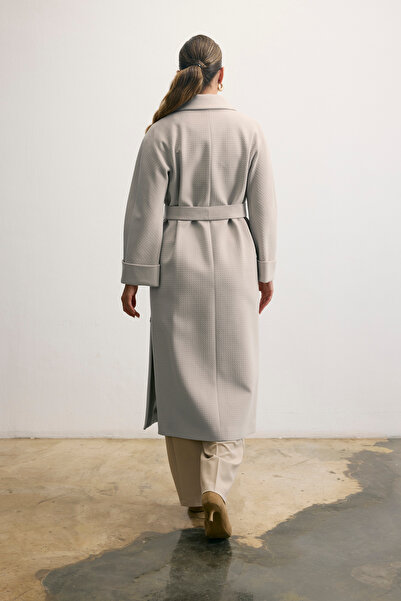 KENT Belted Double-Breasted Long Stone-Colored Coat