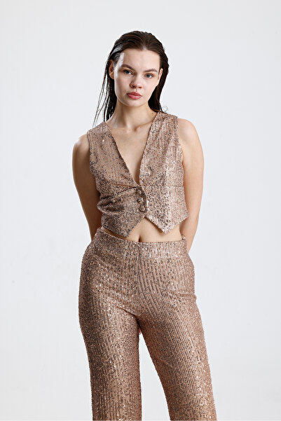 Sense Women's Sequined Vest Evening Dress Set - Stylish Blazer Jacket, Vest and Pants Milk Coffee