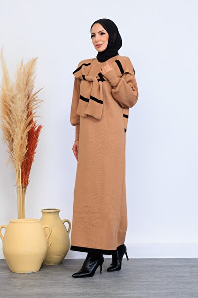 Eliva Women's Tan Black Striped Scarf Detailed Winter Knitwear Hijab Dress