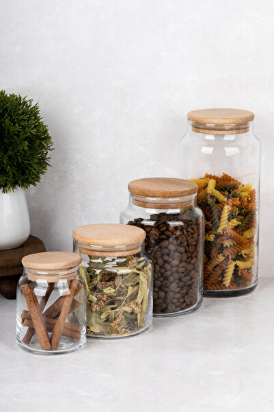 DNS HOME 4 Boy Cam Kavanoz Seti Ahşap Vakum Kapaklı Saklama Kabı Kavanoz 1300-800-500-300 ml