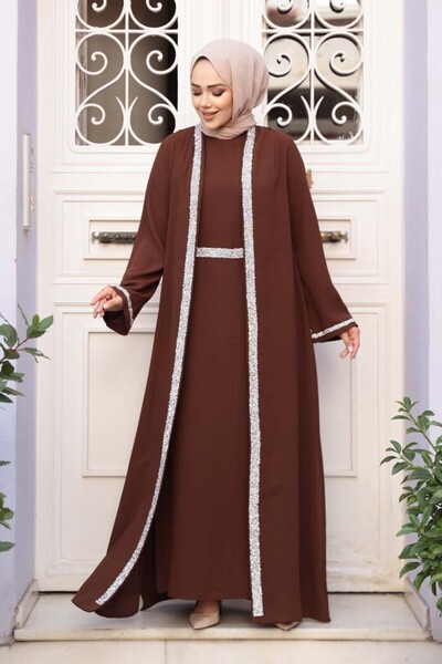 N.S NEVA STYLE Brown Hijab Two-Piece Suit with Dress 76852Kh