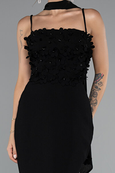 Abiyefon Siyah Askılı Üç Boyut Çiçekli Şallı Uzun Abiye Elbise ABU5181