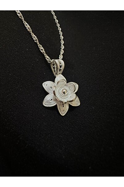 bigakan 925 Ayar Gümüş Telkari Lotus Çiçek Kolye – Singapur Zincir 45-50-55-6...