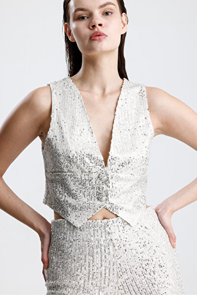 Sense Women's Sequined Vest Evening Dress Set - Stylish Blazer Jacket, Vest and Pants Beige