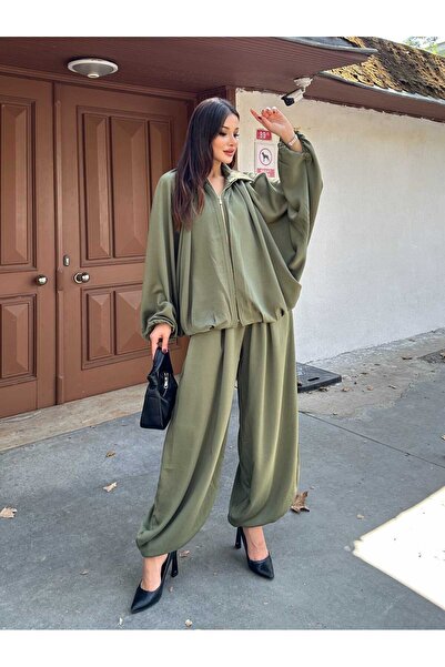 Hatun Atila Saten Büzgülü Pileli Bumber Ceket Pantolon Takım 3015 - Haki