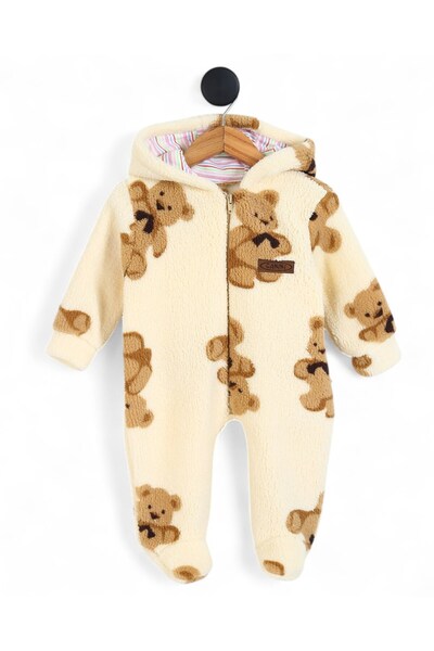 voyyo kids baby 6-9 Months Old Teddy Bears Printed Zippered Winter Welsoft Plush Hooded Jumpsuit, Closed Feet
