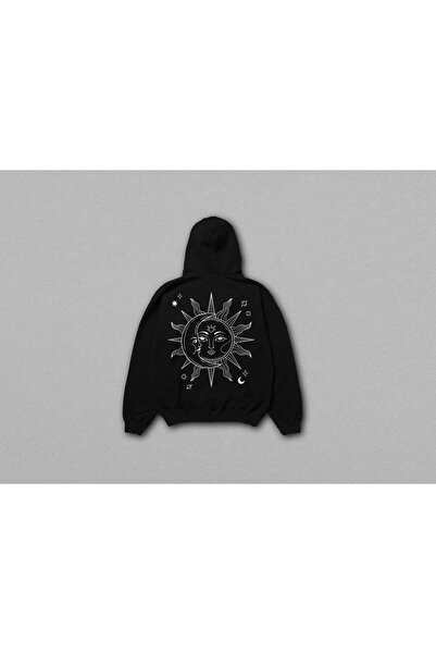 WİNDED Moon and Sun Patterned 100% Cotton Black Oversize Hoodie