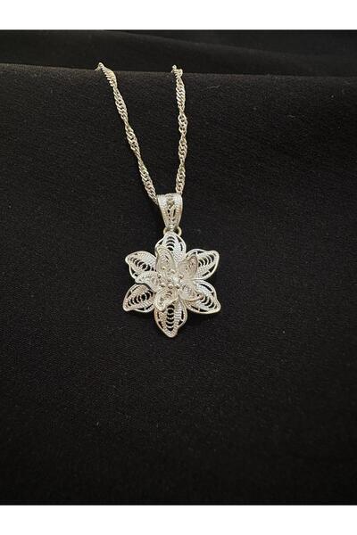 bigakan 925 Ayar Gümüş Telkari Özel İşçilikli Çiçek Kolye – Singapur Zincir 4...